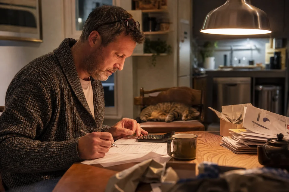 Online store owner checking printed processor statements with a calculator at his kitchen table