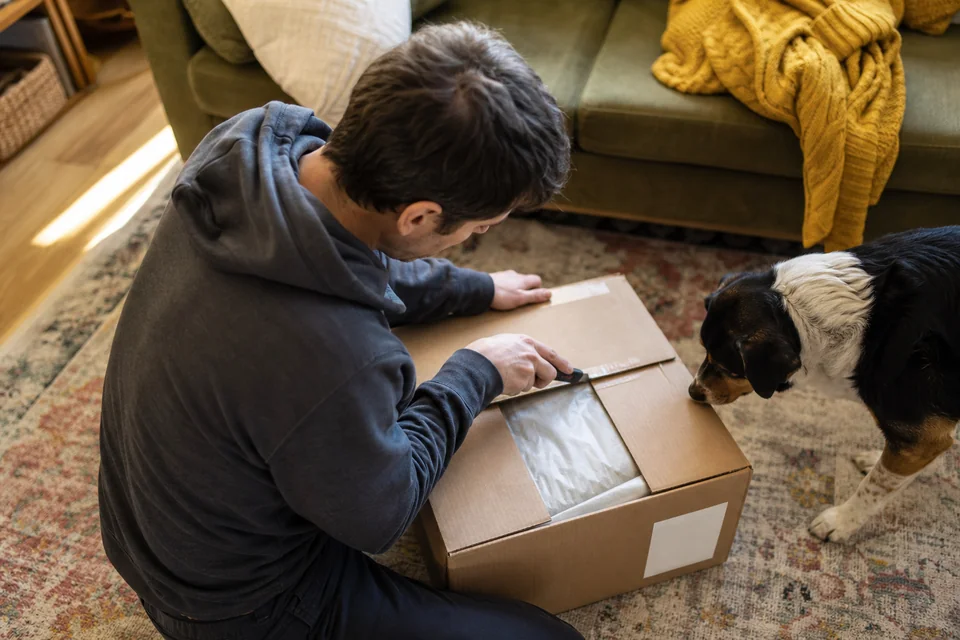 Customer opening a delivered parcel on his living room floor while his dog sniffs the box