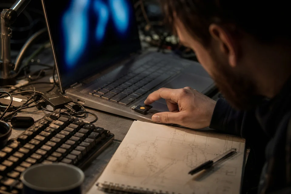 Finger touching a hardware security key plugged into a laptop on an engineer's desk at night