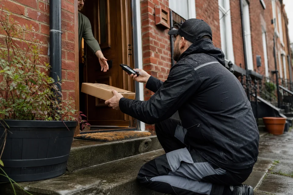 Courier capturing a parcel with a handheld scanner at a customer's front door as proof of delivery
