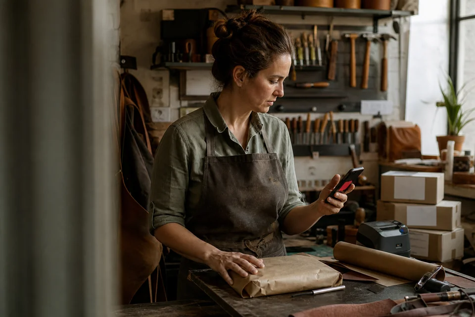 Owner of a small online leather goods shop checking a dispute alert on her phone at her workshop bench