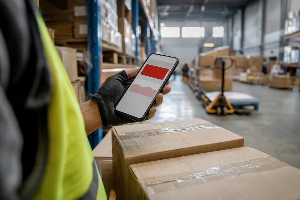 Warehouse packer holding a phone with a new dispute alert above a stack of sealed parcels