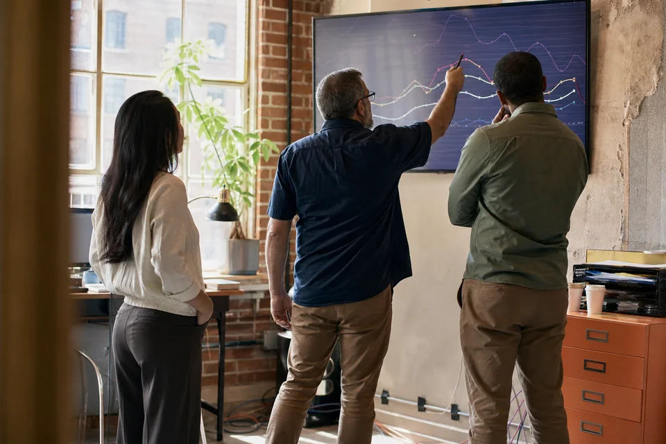 Payments risk team tracing a trend line on a wall monitor in a loft office